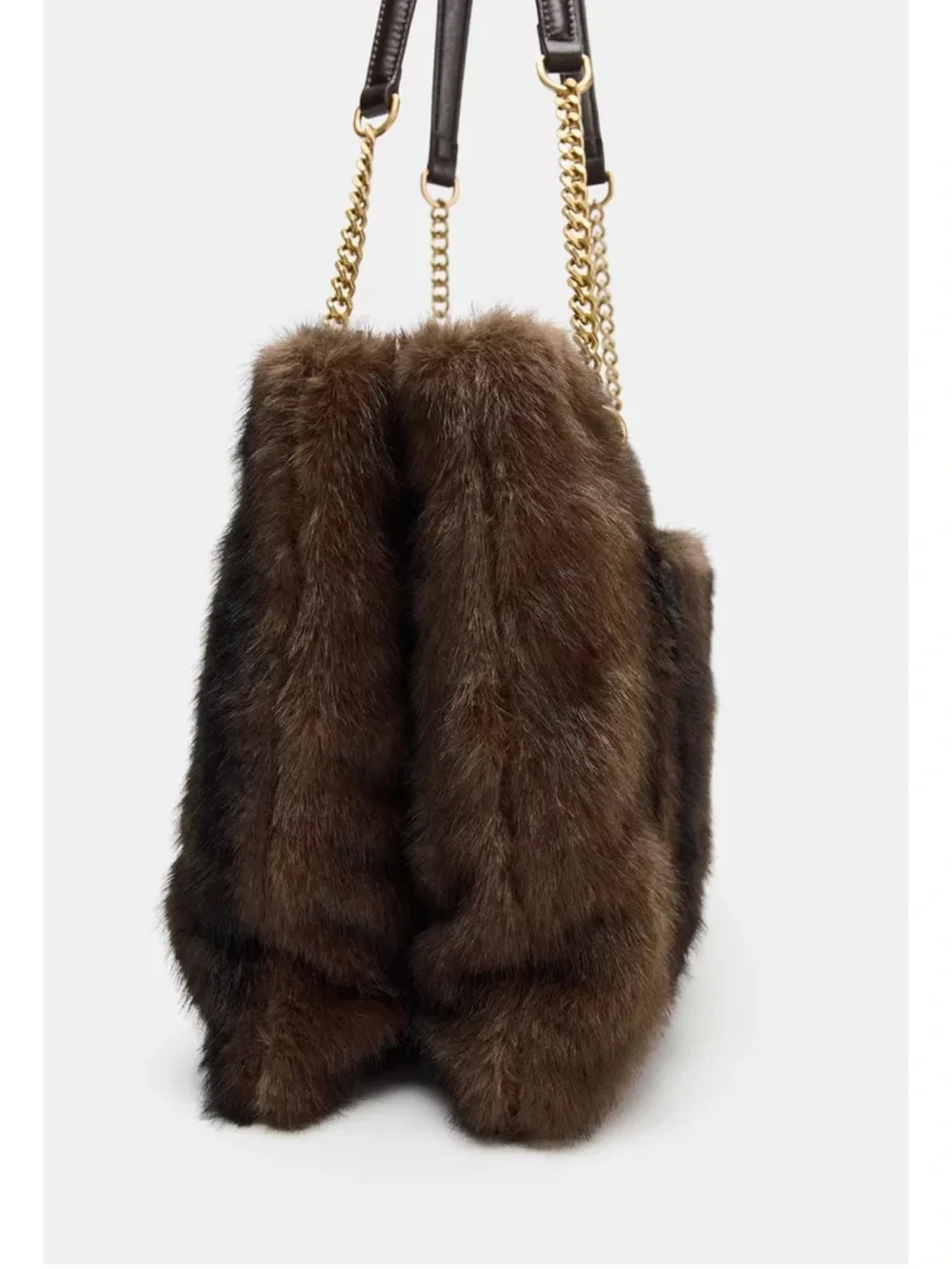 Zara Dark Brown Faux Fur Shoulder Bag with Gold Chain Detail